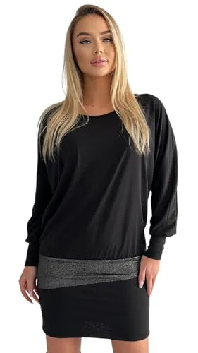 Mississhop 95-31 Damen Minikleid festlich Glitzer - Freizeitkleider für Damen: Edles Minikleid mit mattem Oberteil und glänzendem Rockansatz für ein angenehmes Tragegefühl, perfekt für jeden Anlass!