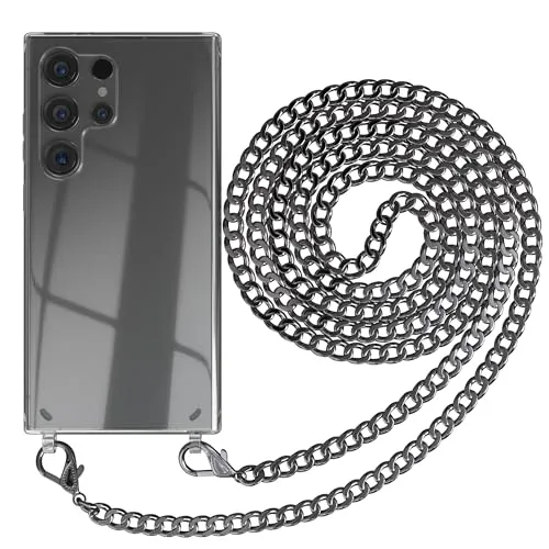 EAZY CASE Handykette kompatibel mit Samsung Galaxy S24 Ultra Handyhülle mit Metall Umhängeband und Ersatz Kordel schwarz, Handykordel mit Schutzhülle, Kette mit Smartphone Hülle, Metall – Anthrazit