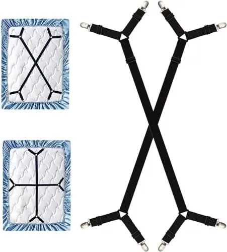 Lonnalee Bettlakenstütze, lang, verstellbar, Klammern, für Bettlaken, verstellbare Kreuzspanner, für Spannbettlaken, kompatibel mit allen quadratischen Matratzen, Schwarz, 2 Stück