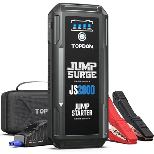 TOPDON Starthilfe Powerbank, JS2000 Starterbatterie 2000A Auto Booster Power Pack für bis zu 8L Benzin&6L Dieselmotoren, Kfz Jump Starter mit Starthilfekabel/Eva Tasche/Eingebaute LED, 16000mAh