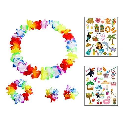 BEIIEB Hawaii-Girlande Set mit 8 Stück, 2 Tattoo-Aufkleber, elastischer Kranz, Stirnbänder, Armbänder, bunt, rund, geeignet für Partys