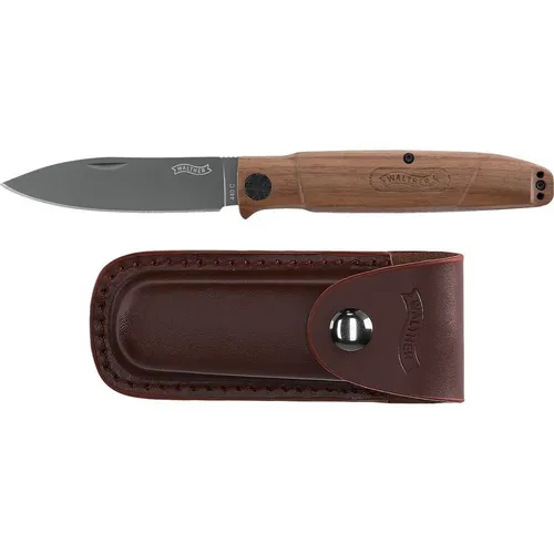 Walther BWK 7 Blue Wood Klappmesser - Hochwertiges Taschenmesser mit 10.4 cm Klinge aus 440C Stahl, eleganter Walnussholzgriff und inklusive Leder-Messerscheide. Ideal für Outdoor-Abenteuer.