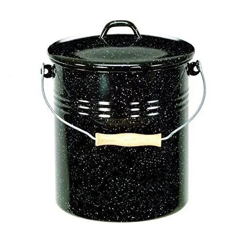 Krüger Mülleimer mit Deckel, 10L, emailliert in Schwarz - Haushaltszubehör: Hochwertiger 10L Emaille Mülleimer mit Deckel, ideal für vielseitige Anwendungen wie Öl oder Asche. Robust und stilvoll mit Holzgriff.