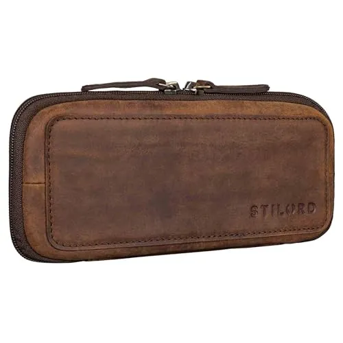 STILORD 'Scotty' Leder Etui Vintage mit Reißverschluss Hardcase Große Federmappe Herren Federmäppchen Damen Stifte-mappe Office Pencil Case Retro Federschachtel Echtleder, Farbe:Zamora - braun