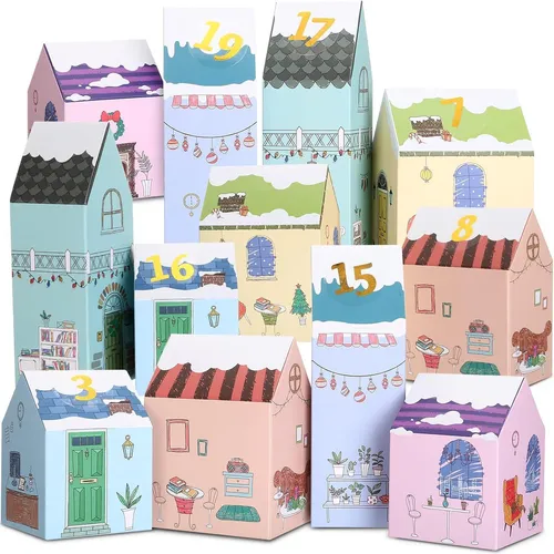 Adventskalender 24 Häuser Schachteln - Weihnachtsdekoration für Kinder - Bunter Adventskalender aus 24 Schachteln, perfekt für Mädchen und Jungen, um die Vorfreude auf Weihnachten zu steigern.
