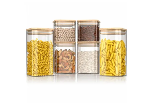 Arendo Aufbewahrungsbecher Glasbehälter-Set 6-tlg. mit Bambusdeckel - Vorratsbehälter-Set aus hitzebeständigem Borosilikatglas, luftdicht und mikrowellengeeignet – ideal für die umweltfreundliche Aufbewahrung von Lebensmitteln.