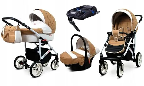 BabyLux® Kinderwagen Set 4 in 1 - White Lux - incl. Babywanne, Buggy Sportsitz, Auto-Babyschale, ISOFIX-Basisstation - Autositz - Kinderwagenset - Kombikinderwagen mit Wickeltasche usw.