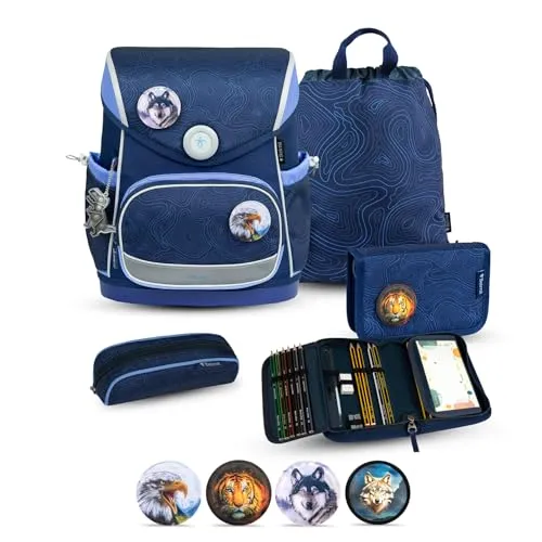 Belmil Schulranzen Compact Plus Topographic für Jungen - 5-teiliges Set in Blau - Schulranzen Set für Jungen, anpassbare Größe für Kinder ab 110 cm, ergonomisch mit atmungsaktiver Rückenpolsterung und Fidlock Magnetverschluss für einfaches Öffnen.