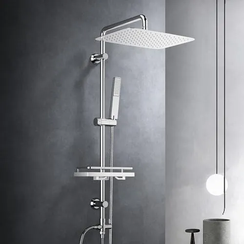 Görbach Regendusche Duschset - Duschsystem mit XXL-Kopfbrause - Badewannen- & Duschsysteme mit 35x25cm Edelstahl Kopfbrause, die durch Air-in-Technologie ein sanftes Duscherlebnis bietet. Inklusive einfacher Wandmontage und flexibler Duschablage.