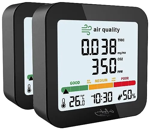infactory Co2 Warner: 2er-Set Akku-Messgeräte für TVOC, mit CO2-Anzeige, Thermo-/Hygrometer (Luft-Qualität-Messgerät, Meter, Digitale Wanduhr)