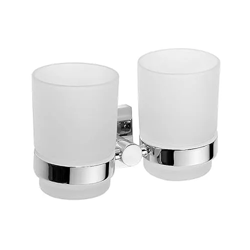 Brillantbad META Doppel-Glashalter aus Messing mit Chrom-Oberfläche - Badutensilienbehälter, elegantes Design aus hochwertigem Messing und Milchglas, einfach zu montieren – ideal für stilvolle Badezimmer.