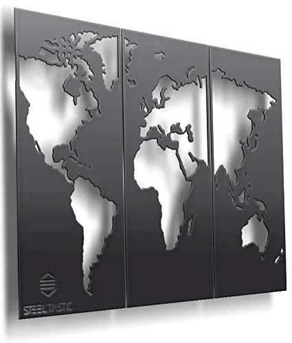SteelTastic® Wandbild WELTKARTE aus 2 mm Stahlblech - 3-teilig - 120 x 80 cm - Kunstdrucke und Leinwandbilder Premium Qualität