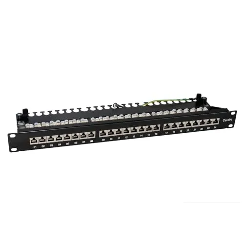 KOSCOM CONNECT Patchpanel 24-Port CAT 6A I Patchfeld für 19 Zoll Rackeinbau I Anschluss Front über RJ45 Buchse I Anschluss Rückseite über LSA+ I vollgeschirmt I TIA568A TIA568B I Schwarz