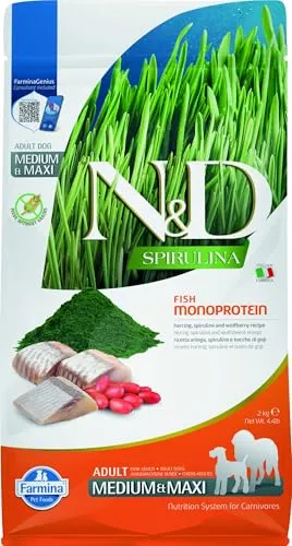 FARMINA N&D Spirulina Hundefutter für adulte Hunde M, L - Trockenfutter für adulte Hunde, reich an Hering, Spirulina und Goji-Beeren für eine optimale Gesundheit und Vitalität.