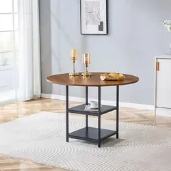 okwish Runder Esstisch mit Stauraum – Nussbaum-Optik und Metallgestell für 2–4 Personen