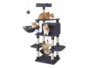 FEANDREA Kratzbaum 164 cm - Stabil mit Katzennapf und Körbchen - Kratzbaum für Katzen mit 12 Kratzbereichen und hängendem Plüschspielzeug. Ideal für sicheres Fressen, da der Katzennapf hoch oben platziert ist. Perfekt für Katzenliebhaber!