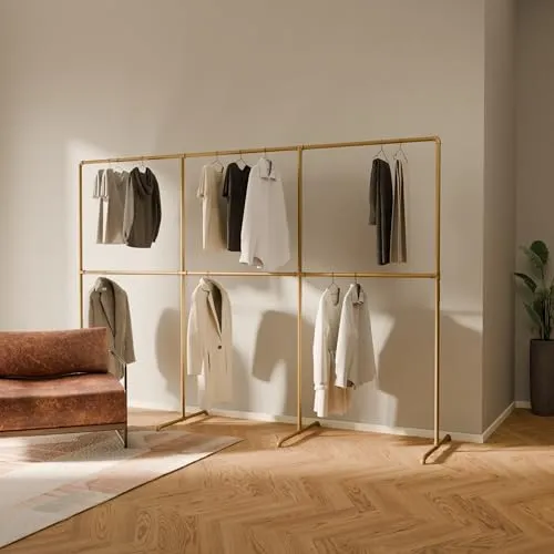 pamo Kleiderständer Gold – Freistehende Kleiderstange im Industrial Design 290 x 194 cm - STABIL & BELASTBAR – Der pamo Kleiderständer aus robustem, pulverbeschichtetem Stahl trägt bis zu 140 kg. Ideal für Schlafzimmer, Flur oder Ankleidezimmer. Edles matt-goldenes Finish sorgt für einen modernen Akzent in jedem Raum.