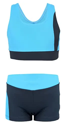 Aquarti Mädchen Sport Bikini - Racerback Bustier & Badehose in Blau/Grau Größe 152 - Stylischer Schwimmanzug für aktive Mädchen, ideal für den Schwimmsport. Hoher Tragekomfort dank elastischem Material und perfekter Passform.