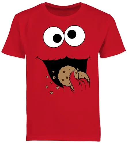 Kinder T-Shirt Jungen - Karneval & Fasching - Keks Monster I Krümelmonster I Cookie Monster - 116 (5/6 Jahre) - Rot - Schulstart Tshirt Junge Faschings Shirt Jeck Auge Shirts Karneval-Klamotten