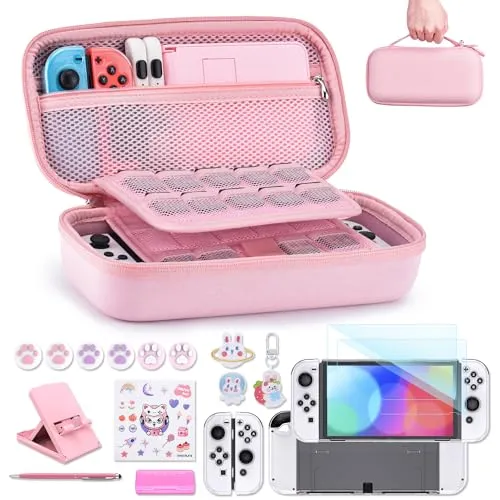 innoAura Switch Tasche für NS Switch OLED – 18 in 1 Zubehör Bundle (Rosa)