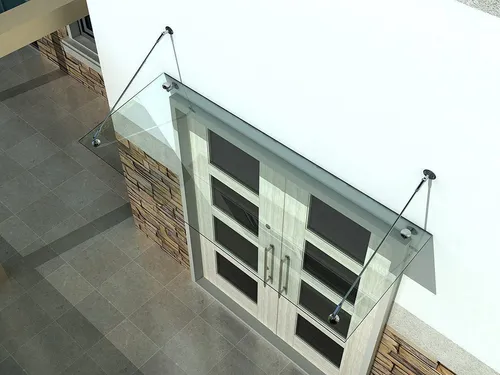 BuyLando.Shop Glasvordach 160x90cm aus VSG mit Halter - Elegantes Glasvordach für den Hauseingang, aus gehärtetem Glas für hohe Stabilität. Inklusive Halterung, modernes Design in transparentem Glas und silbernem Profil.