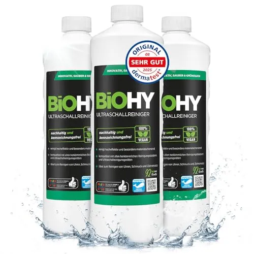 BiOHY Ultraschallreiniger (3 x 1 Liter) | effektive Reinigung für Schmuck und Dentalprodukte - Intensive und materialschonende Reinigung mit BiOHY Ultraschallreiniger. Ideal für Schmuck, Uhren und Zahnersatz. Reduziert Reinigungszeit und sorgt für streifenfreien Glanz.