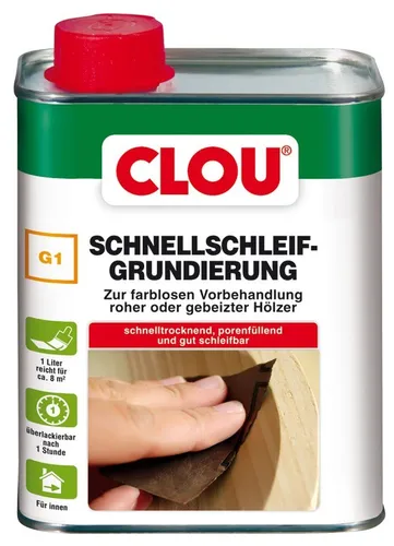 CLOU Schnellschleif-Grundierung G1 farblos 250ml - Geruchlose Holzgrundierung für den Innenbereich, schnell überlackierbar und schnelltrocknend in nur 15 Minuten. Ideal für furnierte Spanplatten und Holz.