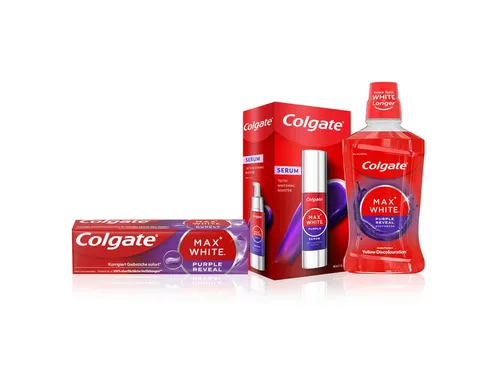 Colgate Max White Hollywood Smile Zahnbleaching-Kit 3-teilig - Entdecken Sie das Colgate Max White Hollywood Smile Set für eine moderne Zahnaufhellungs-Routine. Mit innovativer Purple-Technologie für sofortige Farbkorrektur und täglichem Schutz. Perfekt für ein strahlendes Lächeln!