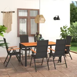 vidaXL 7-tlg. Garten-Essgruppe Schwarz und Braun - Gartenmöbel-Set aus witterungsbeständigem PE-Rattan und robustem WPC, ideal für Terrasse und Garten. Verstellbare Rückenlehnen für maximalen Komfort und einfache Reinigung der Tischplatte.