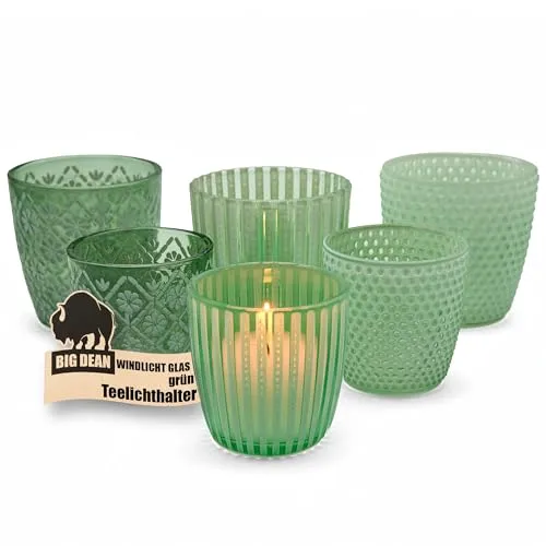 Windlicht Glas grün Teelichthalter 6er Set Teelichthalter in 3 Designs je 2 Größen