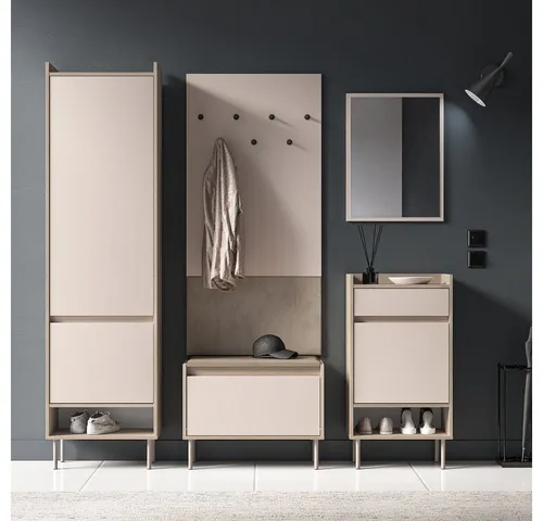 Lomadox Garderoben-Set VITTORIA-131, (Spar-Set, 5-St., Schrank Wandpaneel Schuhbank Spiegel Schuhkommode), in Kaschmir mit Eiche, griffloses Design