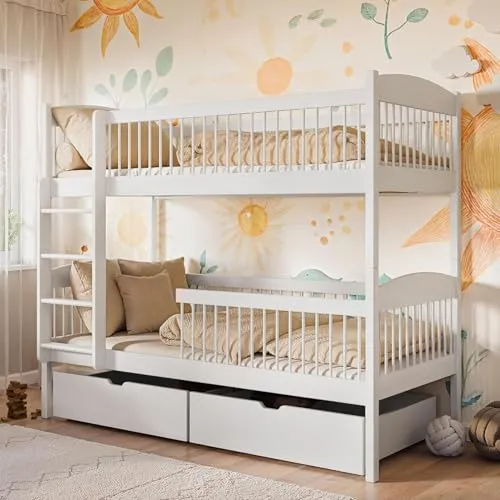 Kids Collective Hochbett Kinder, Etagenbett, Kinderbett - Massives Kiefernholz, sicher & funktional mit 2 praktischen Schubladen für zusätzlichen Stauraum, ideal für Kinder von 3 bis 12 Jahren.
