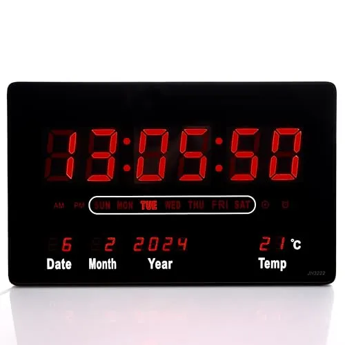 TruWare Just Camp Wanduhr Digital Groß mit Kalender und Temperaturanzeige (Rot) - Moderne LED Wanduhr mit 32x20 cm, die Zeit, Temperatur und Kalender anzeigt. Ideal für Gewerbe oder Zuhause. Doppelter Wecker für individuelle Erinnerungen. Strombetrieb mit 1,5m Kabel – keine Batterien nötig!