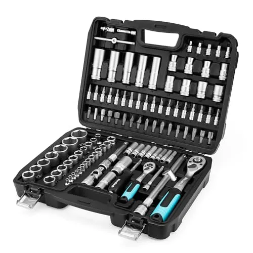 DURATECH Steckschlüsselsatz 108-teilig, Ratschenkasten Knarrenkasten Steckschlüssel Set mit 1/2” und 1/4” Umschaltknarre, Verlängerungen, Bits, Stecknüsse, Chrom-Vanadium-Stahl, inkl. Koffer