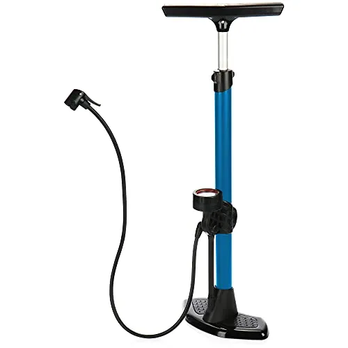 COM-FOUR® Premium-Fahrradpumpe, Hochleistungs-Standluftpumpe aus Aluminium, Fahrradluftpumpe mit Manometer und Schlauchhalter, Standpumpe bis 15 bar (blau - Standluftpumpe)