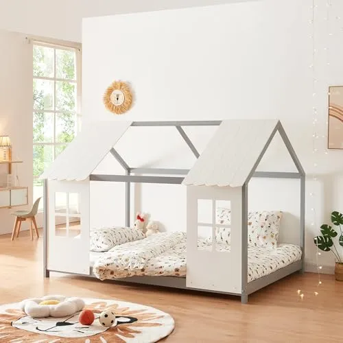 [en.casa] Kinderbett Tostedt - Hausbett aus massiver Kiefer 120x200cm - Betten - Halboffenes Montessori Bett für ein gemütliches Kinderzimmer, das mit seiner Hausoptik eine magische Atmosphäre für Abenteuer und Träume schafft.