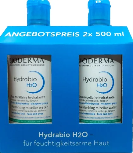 Bioderma Hydrabio H2O Mizellen-Reinigungslösung Duo 2x500 ml - Effektive Gesichtsreinigung für feuchtigkeitsarme Haut im praktischen Vorratspack. Sanfte Reinigung mit einem leichten Duft, die das Hautgefühl erfrischt und das Gleichgewicht unterstützt.