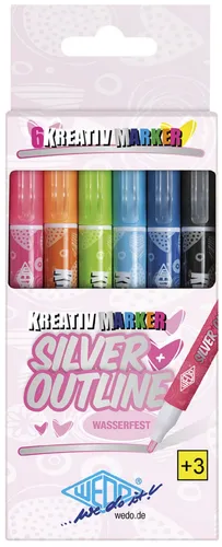 WEDO Kreativmarker SILVER + OUTLINE - 6er Etui mit Rundspitze, ideal für kreative Projekte und kunstvolle Akzente