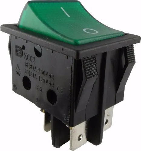 Wippenschalter, 2 polig (4pin) 16A 250VAC 30x22mm Grüne Wippe beleuchtet