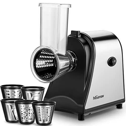 Nictemaw Elektrischer Gemüseschneider 500W Multi Küchenreibe Zerkleinerer Gemüseraspe mit 5 Schneidetrommeln，Edelstahl