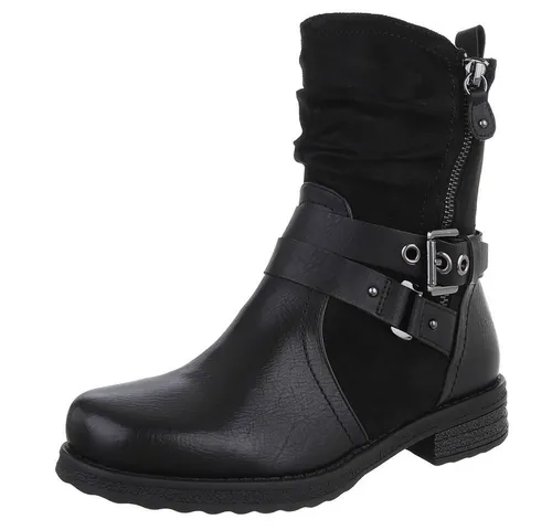 Ital-Design Stylischer Stretch-Stiefel mit Schnalle und Reißverschluss - Elegante Stiefelette in Schwarz mit Blockabsatz (3 cm) und praktischem Reißverschluss. Ideal für trendbewusste Looks und vielseitig kombinierbar.