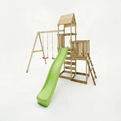 MaxPlay 3.2 KDI Spielturm mit Rutsche, Doppelschaukel und Kletterwand - MaxPlay 3.2 - Der Spielturm mit zwei Plattformen und robustem Holzdach! Ideal für bis zu 8 Kinder, ausgestattet mit Rutsche, Kletterwand und Sandkasten für unvergesslichen Spielspaß.