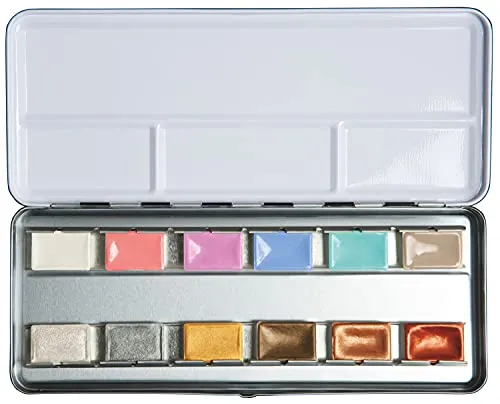 White Nights russische Künstler Aquarellfarben im Set, 12 Metallic & Pastell Farben in ganzen Näpfchen im Metallkasten, hohe Brillanz und Leuchtkraft
