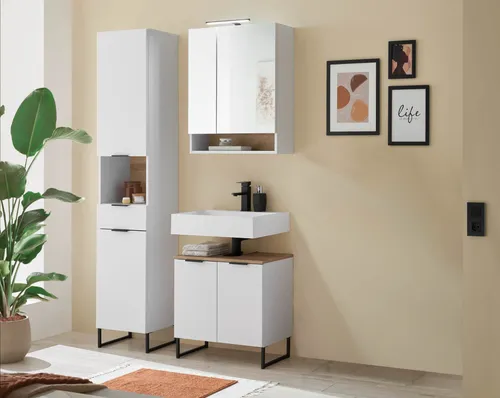 Badezimmer Badmöbel-Set ASPEN 60 cm - Moderne Badezimmermöbel in Weiß matt, inkl. Hochschrank und Spiegelschrank mit Softclose-System für optimalen Stauraum und elegantes Design.