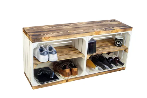 Sitzbank Johanna - Weiße Holzbank mit geflammter Sitzfläche - Sitzbänke im Bauhaus-Stil, ideal für Flur oder Lounge, bietet Platz für bis zu 3 Personen und benötigt keine Montage.