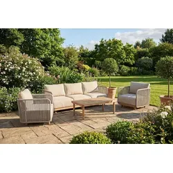 Riess-Ambiente Outdoor Garten-Lounge-Set ROPE - Wetterfest & Modern - Moderne Gartenmöbelgarnitur aus massivem Akazienholz und wetterfestem Rope-Geflecht in Hellgrau. Inklusive Loungetisch und Kissen für entspannte Momente im Freien.