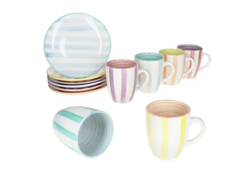 MamboCat Frühstücks-Geschirrset Beach Pastello Stripes 12tlg - Farbenfrohes 12-teiliges Frühstücksset aus robustem Steingut für 6 Personen, spülmaschinen- und mikrowellengeeignet, bringt sommerliche Stimmung auf Ihren Tisch.