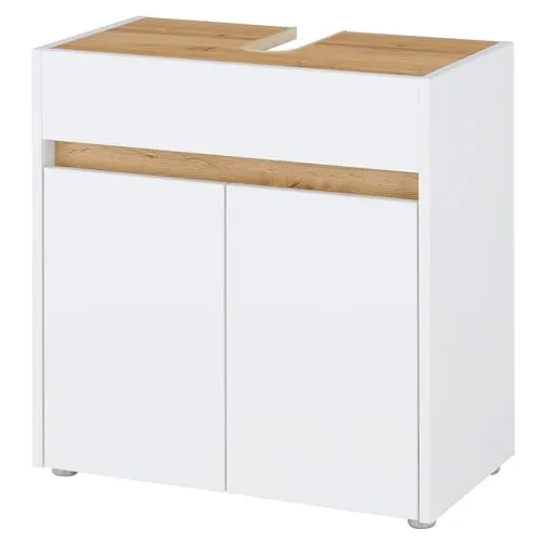 Lomadox Waschtisch CRISP-61 in Weiß mit Eiche Nb. – 60cm - Moderner Waschtischunterschrank in Weiß mit Eiche, 60cm breit. Mit 2 Türen und Siphonausschnitt bietet er optimalen Stauraum für Pflegeprodukte. Das grifflos Design sorgt für eine elegante Optik und einfache Montage.