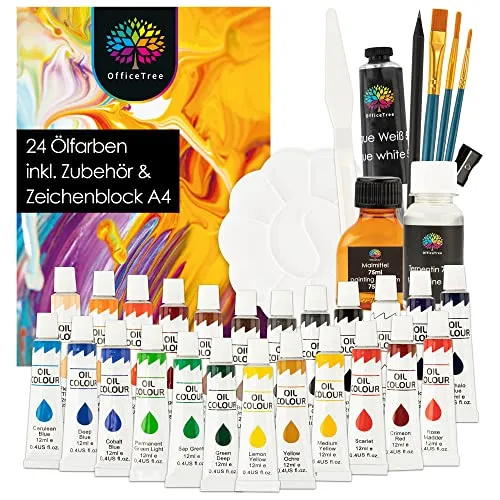 OfficeTree 24 x Ölfarben Set mit Pinsel und Palette 12ml - Malfarben – Komplettes Starterset für Ölmalerei mit Zubehör, ideal für Anfänger und Hobbykünstler, inklusive Malblock und Terpentin für brillante Ergebnisse.