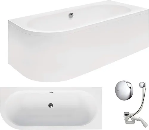 VBChome Badewanne 170 x 75 cm Acryl SET Schürze Siphon Wanne Ecke Eckbadewanne Weiß Design Modern Viega Simplex für 2 Personen Rechts